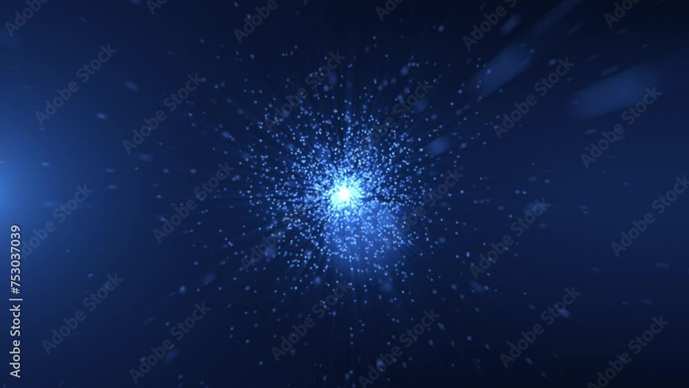 Poster abstract particles flying towards the camera on a blue light background. seamless looping 4k video..