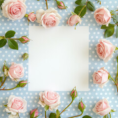 Blank paper card mockup with frame made of pink creamy roses and leaves pattern on a white dot blue background for a romantic spring wedding card, featuring love and nature composition with copy space
