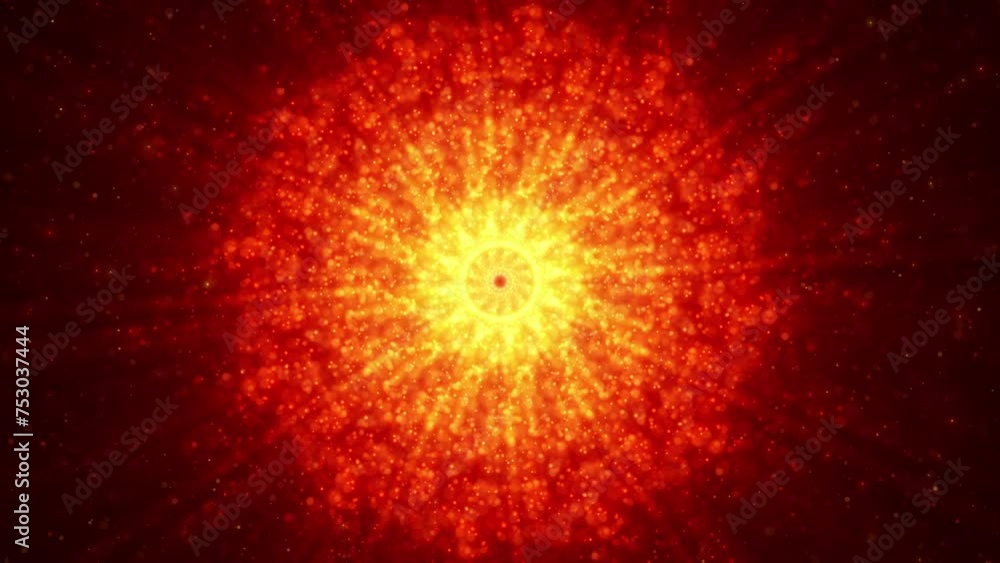 Poster abstract background with a bright orange sphere of particles emitting rays of light. magic particles