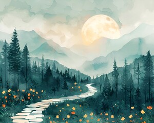 Illustration of a serene landscape with a trail of thank you notes leading to a helping hand Use soft calming colors and a peaceful setting to convey a sense of sincere gratitude and helpfulness  - obrazy, fototapety, plakaty