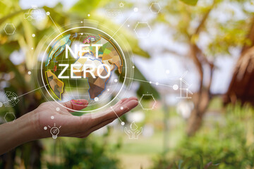 Hand holding icon of Earth. Zero net greenhouse gas emissions target Long-term, climate-neutral...