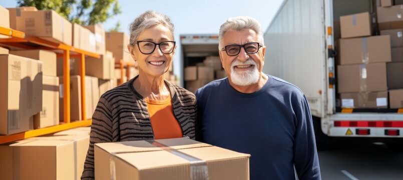 Excited senior couple holding key outside their new home, standing together with space for text. - Powered by Adobe