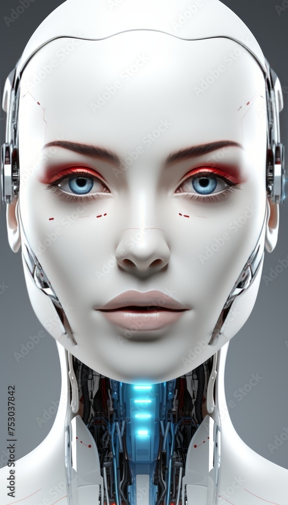 Poster futuristic white artificial intelligence robot portrait with copy space for text placement.