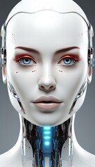 Futuristic white artificial intelligence robot portrait with copy space for text placement.