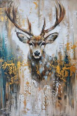 Painting of a majestic stag, with abstract elements, featuring striking gold splashes on a blended background of neutral shades, creating a rustic yet modern look.