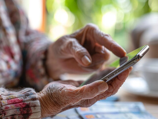 Photo of an elderly person digitally transferring funds to a savings account, with a close-up on their hand over the smartphone and the banking app, demonstrating tech-savvy financial habits