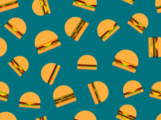 Hamburgers seamless pattern. Cheeseburgers and hamburgers in flat style. Cheeseburger with two cutlets. Bun with sesame seeds, cutlet, cheese and sauces. Design for wallpaper. Vector illustration