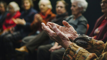 Photo of a seniors hands gesturing vividly as they recount an old tale, with a close-up on the hands and the captivated audience in the background, illustrating engagement and narrative