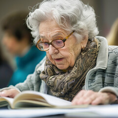 Photo of an elderly individual attending a retirement planning workshop, with a close-up on the educational materials and their engaged expression, emphasizing lifelong learning