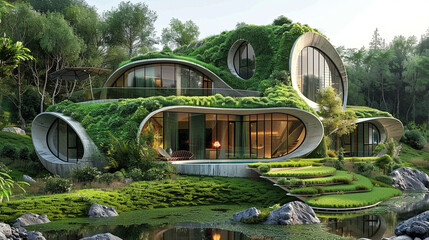 Sustainable architecture concept featuring a self-sustaining, energy-efficient home in a natural...
