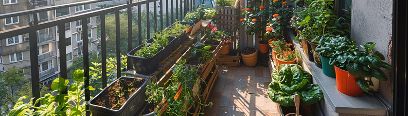 Fototapeta na wymiar Small balcony urban gardens, utilizing recycled containers and composting for sustainable agriculture in limited spaces