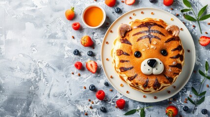 Adorable tiger face pancake with berries and honey on white plate   kids breakfast with copy space