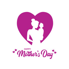 happy Mother's day greeting background with silhouette of mom and her boy, heart sign, typography. editable design template flat vector stock illustration