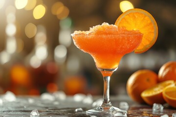 Frozen Aperol Spritz cocktail with an orange slice served in a stemmed glass against a bar backdrop