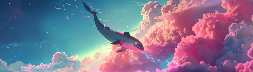 A whimsical journey scissors riding a swordfish among clouds - obrazy, fototapety, plakaty