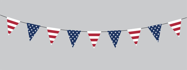 USA flag bunting garland, string of triangular flags, national colors, pennant, retro style vector illustration