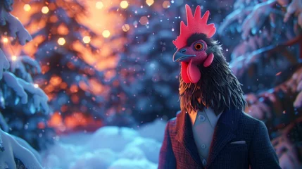 Tafelkleed A Silkie chicken in a suit braves a snowy forest at night mystery in its eyes © Roni