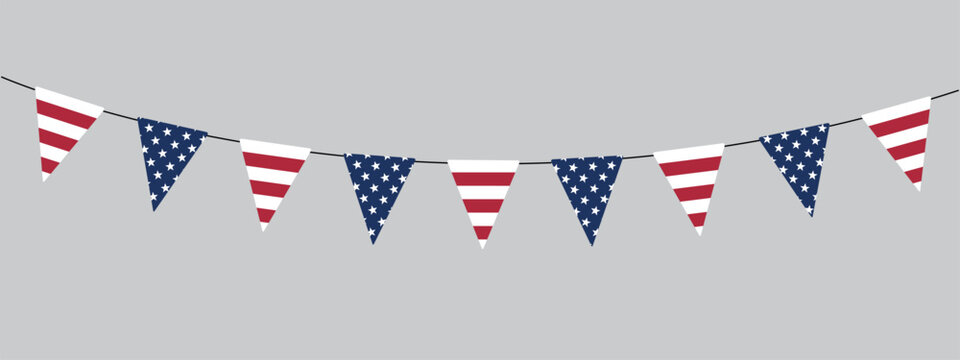 USA flag bunting garland, string of triangular flags, national colors, pennant, retro style vector illustration