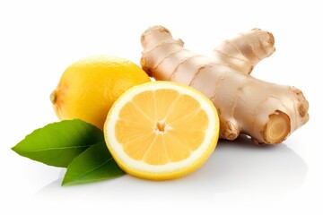 A piece of ginger root and lemon with green leaves, isolated on white background 