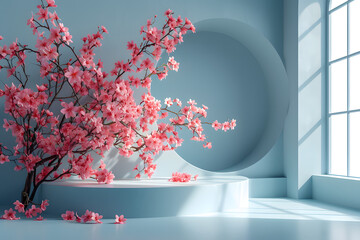 Empty podium with cherry blossoms. 3D rendering of a display stand with springtime theme. Design template for product presentation with copy space