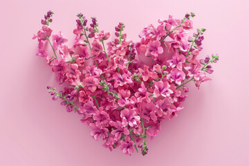 Beautiful heart shape made of pink flowers on light pink background for romantic concepts