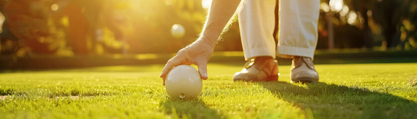 Elderly individuals playing a friendly game of lawn bowls, emphasizing community and light sporting activity
