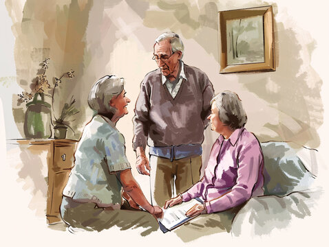 Elderly couple receiving home care assistance, depicting the importance of compassionate support in aging societies
