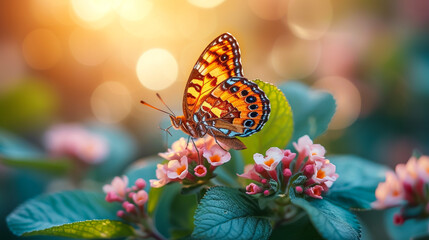 Beautiful butterfly on fresh spring flowers