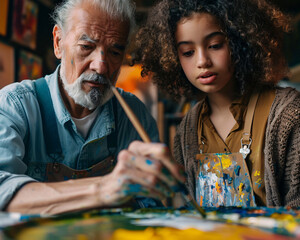 Hyperrealistic photo of a senior artist instructing a young adult in painting, focusing on their hands mixing paint and their concentrated faces, symbolizing creative mentorship