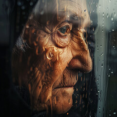 Hyperrealistic photo of a senior staring out of the window on a rainy day, focusing on their reflective face and the raindrops on the glass, illustrating contemplation and loneliness