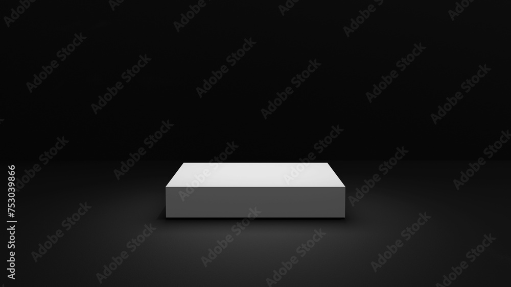 Poster white cube form abstract table stage isolated on black studio background with bright spotlight background - perfect place mock up for product placement and advertisement empty abstract black and white
