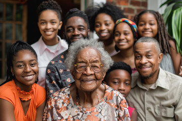 Photo of a family gathered for a group photo, with a close-up on the smiling faces of elderly members framed by their descendants, showcasing generational pride