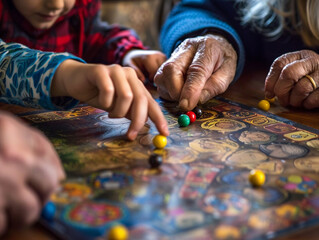 Photo of a family playing a board game, with a close-up on the elderly hands moving a game piece, illustrating the joy of shared activities - obrazy, fototapety, plakaty