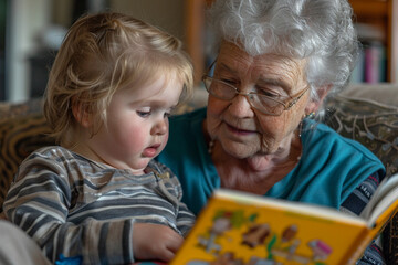 Photo of a grandparent and grandchild reading a book together, focusing on their faces and the book, highlighting shared learning and curiosity - obrazy, fototapety, plakaty
