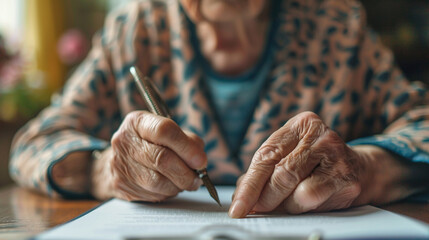 Photo of a senior updating their will and testament, with a close-up on their hand holding the pen and the legal document, underlining the importance of estate planning - obrazy, fototapety, plakaty