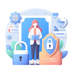 A 3d flat icon of a person with a shield and a lock and the text 'Digital Identity Solutions Ensuring Online Security' in a minimal cute style and pastel tone on a white background 