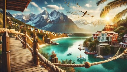Travel background with vacation photos hanging from a rope - obrazy, fototapety, plakaty