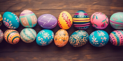 Naklejka na ściany i meble colorful painted easter eggs on a wooden table, gold green orange blue easter eggs on wood background. Easter frame of eggs painted in blue colorful color. Flat lay, top view. Copy space for text. 