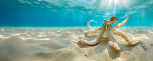 Underwater panoramic view of a swimming octopus on the sand of a shallow lagoon, sealife web banner - 753040084