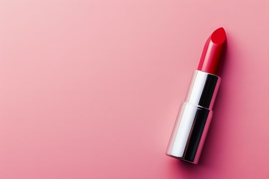 red lipstick on pink background with copy space