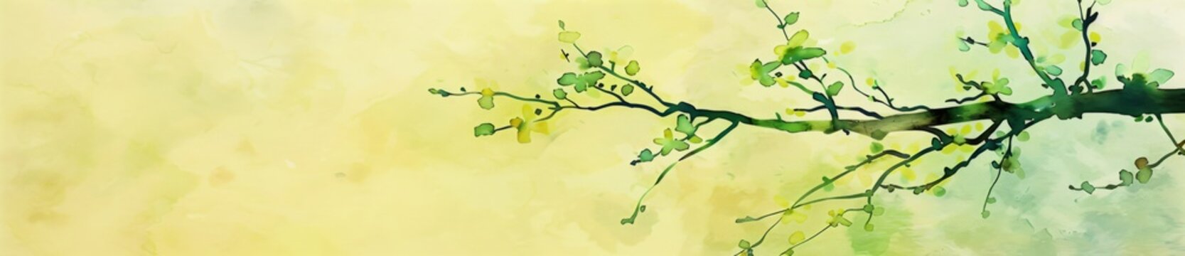 Graceful tree branch adorned with fresh green leaves against gentle yellow backdrop. Perfect for romantic spring-themed card, banner, or celebration decoration.