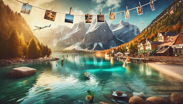 Travel background with vacation photos hanging from a rope
