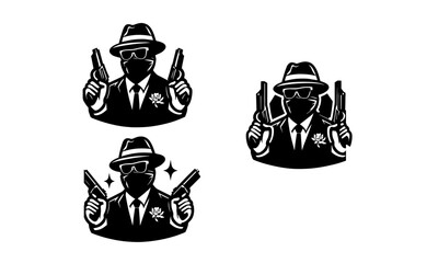 GANGSTER THEIF MASCOT LOGO ICON CONCEPT , GANGSTER IN SUIT MASCOT ICON STYLISH SET