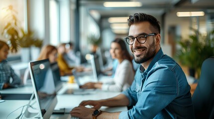 project manager working in a modern and minimalistic office with his teammates. generative AI