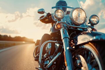 A mid-30s adventurer on a sleek black touring bike with chrome details, riding through the countryside under the glistening sunlight on a solo travel journey, embodying determination and freedom.