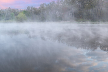 Obraz na płótnie Canvas Spring landscape at dawn of the shoreline of Deep Lake in fog with mirrored reflections in calm water, Yankee Springs State Park, Michigan, USA