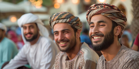 Joyful Gathering.
A group of arabian men sharing a laugh, showcasing camaraderie and cultural attire. - obrazy, fototapety, plakaty
