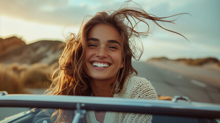 Joyful woman with raised arms in convertible car.