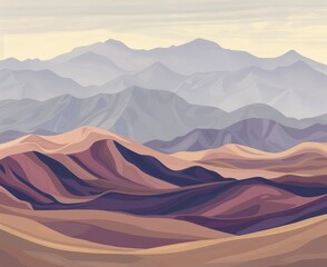 Digital artwork of hyper-realistic topographic desert mountains in light violet and brown hues with geometric shapes. Abstract and minimalist 3D rendering of mountainous terrain