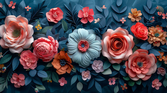 Artificial flowers in front of a blue wall. In the style of dark teal and light pink. Delicate paper cutouts.
